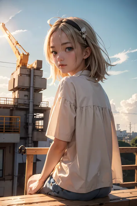 masterpiece, top quality, highly detailed, Unity 8k wallpaper, (riding a crane truck), firmament, girl 1 person, heavy machinery, gradient hair, hair between eyes, ahoge, age: 16, looking back, pretty face, white neeso,