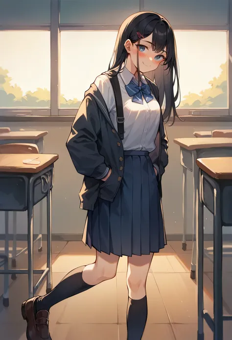 1girl, early teen, dark blue eyes, long black hair, using hairpin, using a school uniform, using a skirt, wearing black long socks, grinning smile, blushing, both hands in pocket, in a classroom