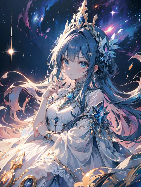  Height Detail ,  Super Detailed ,  Ultra High Resolution ,  Girls enjoy time in the dream galaxy , Surrounded by stars ,  Warm glow radiates on her , Background is starry sky， colorful galaxies and galaxy clouds,  Stars fly by her side , delicate face,  a...