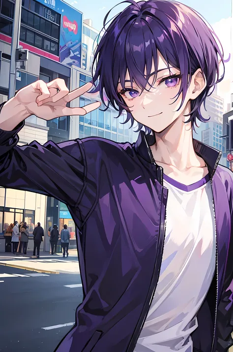 Young man, dark purple short hair, purple eyes, smile face, casual cool clothes, handsome man, cool boy, scenery background, close up, bad boy