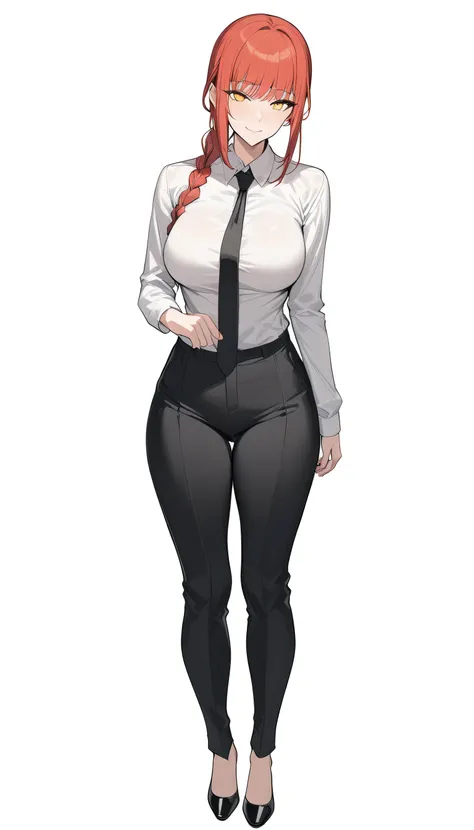 1girl, solo, long hair, breasts, looking at viewer, smile, bangs, simple background, shirt, long sleeves, white background, closed mouth, yellow eyes, white shirt, braid, sidelocks, red hair, necktie, collared shirt, pants, black pants, formal, black neckt...