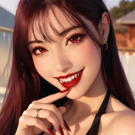  woman with long hair and red lipstick, Delicate smile pose ,vampire prey