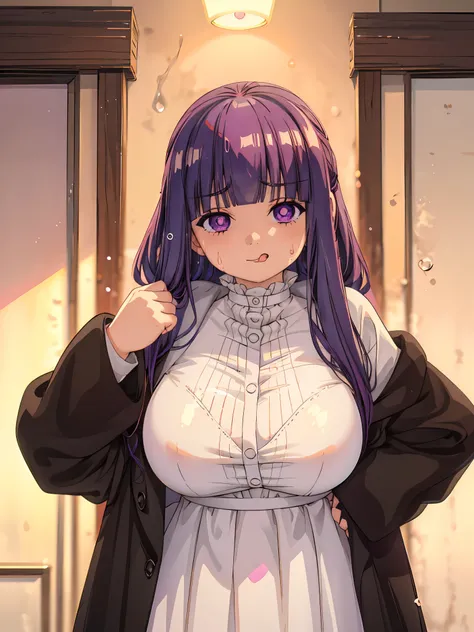 score_9, score_8_up, score_7_up, source_anime, Expressiveh, best quality, high resolution　　　1girl, Fern, long, pointy , big breasts, ahegao, shiny skin, ahegao, blush, rolling eyes, tongue out, drooling, saliva, sweat, whole body, coat, wear dressed