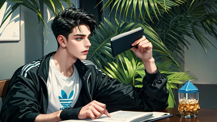 a handsome young man, 21 years old, black hair, badboy, short hair, blue eyes, ombros largos,  masterpiece, absurd face, beautiful and detailed, concentrated look,  with dark green Adidas jacket , sunny environment during the day. He is on his side looking...