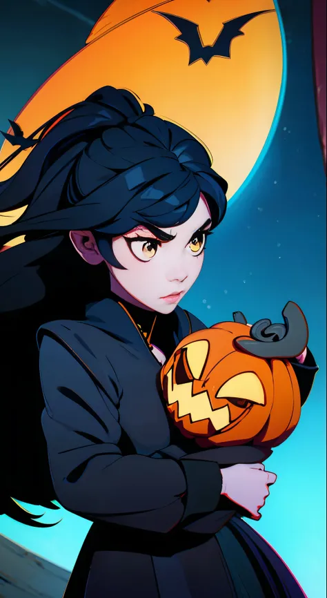 Cute little witch girl , yellow eyes, long black hair, in dark purple witch outfit , holding a Halloweenn-themed broom