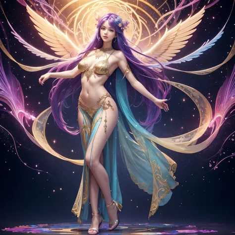 1 angel, age 30, translucent magenta angel wings, long flowing blue-magenta hair, sparkling glowing halo around head, flowers in hair, (best quality, 4k, 8k, hires, masterpiece:1.2), ultra-detailed, (realistic, photorealistic, photo-realistic:1.37), beauti...