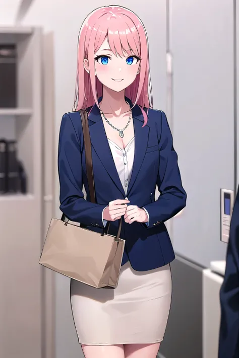 1girl,Samus aran,solo,blue eyes, pink hair, forehead hair, glossy Navy tailored jacket, white see-through blouse, grey pencil skirt, black pumps, pearl necklace, beige tote bag, professional and elegant look, cowboy shot,blush,,Science fiction,ultra-detail...