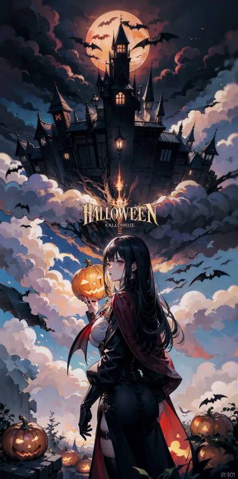 source_anime, R3TR0SC1F1, ((score_9)),score_8_up,score_7_up,score_6_up,score_5_up,score_4_up,Castlevania_Style, Castlevania Style, 1woman, vampire, halloween, pumpkins, fog, eerie, outdoors, smoke, clouds,