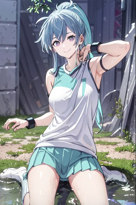 (background)On the soccer stadium lawn  ( soccer uniform ) Tokyo Verdi green uniform wear, pioneer, gold cuffs, shine white uniform, pleated miniskirt, sweaty, visible  (Character) White Beautiful Girl Supporter, Platinum Mint Green Hair, Ponytail, Bangs, ...