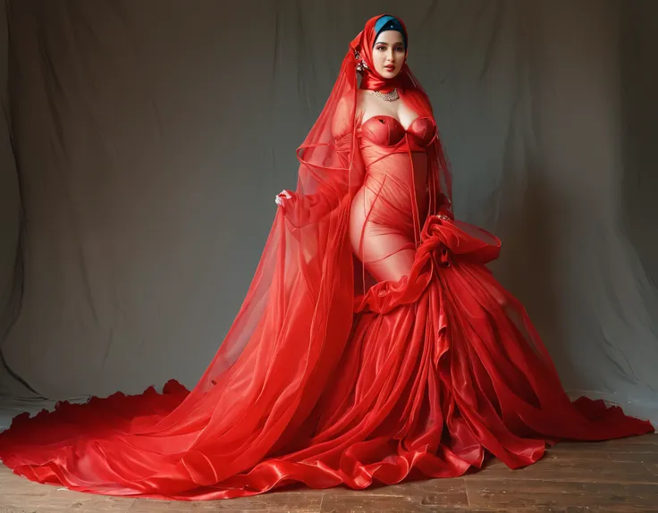 a woman shrouded in a 10-meter-long, plush red transparent organza cloth, slim body with big breast, tightly bound and grandly d...