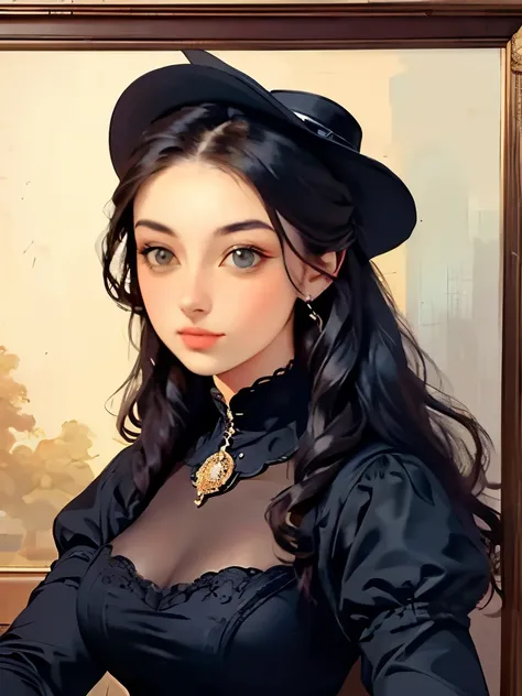 a painting of a woman in a black dress and hat, a fine art painting inspired by Franz Xaver Winterhalter, trending on cg society, gothic art, victorian lady, a beautiful victorian woman, elegant portrait, fantasy victorian art, victorian female portrait, v...