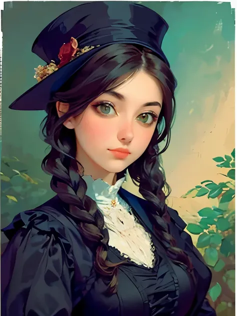 a painting of a woman in a black dress and hat, a fine art painting inspired by Franz Xaver Winterhalter, trending on cg society, gothic art, victorian lady, a beautiful victorian woman, elegant portrait, fantasy victorian art, victorian female portrait, v...