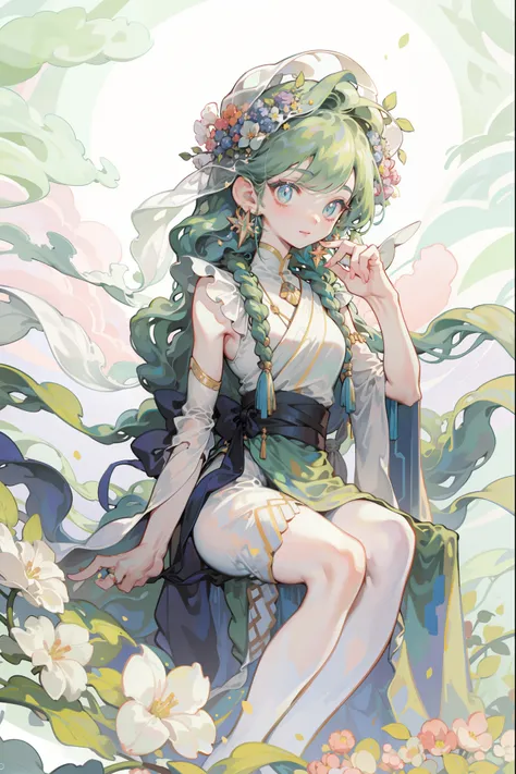 ((masterpiece, best quality)),The goddess of the forest ，alone, meticulous, Smile, Delicate, Bangs,  soft diffused light , alone, earrings, jewelry, Long-term_hair,把hair把起來， vines and flowers wrapped around her body， with flowers on her arms ，Dynamic backg...