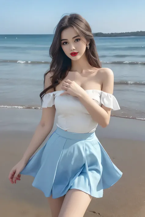 Off-shoulder dress,bow, dress,White stockings,Blue Ribbon,, beauty, BEAUTY WOMAN ，Have a perfect body：1.4，Layered Hairstyle，((Large Breasts)), ((D Cup)), Visible cleavage，Bare shoulders, Highly detailed face and skin texture，Double eyelids，Skin Whitening，L...