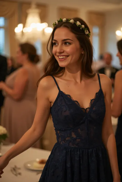 Realistic shot of a torso portrait of a brunette haired young 20-year-old German flower girl with long hair, hair band, Flower in hair, Necklace, smile. She playfully poses in front of the camera in a shiny, metallic dark blue lace A-linie dress with strap...