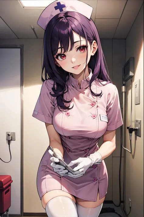 1woman, solo, nurse, white nurse cap, white nurse uniform, ((white legwear, zettai ryouiki)), white gloves, long hair, purple hair, red eyes, pink lips, smile, standing, ((hospital room)), sharp outline, short sleeves, mature female, 35yo, best quality, masterpiece