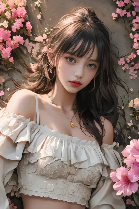 best qualtiy，tmasterpiece，hight resolution，1girll，dingdall effect，realisticlying，edge lit，two tone lighting，（highdetailskin：1.2），8K UHD，pure，Dolce，flowers background，Colorful background，((青い大きな目)),Based on physical rendering，Perfect Light and Shadow，extrem...