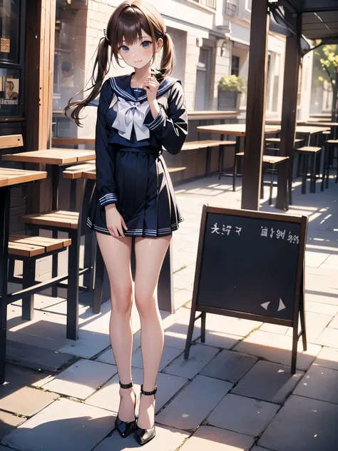 1girl, (masterpiece, best quality, highest quality, Full Body Shot, Including face:1.5), 4K, masterpiece, ((Focus on the face)),Beautiful woman, (slender:1.5), ((High heels, black pantyhose, anklet)),(Sailor suit,:1.8), (Age 25,Adult women), (Troubled face...