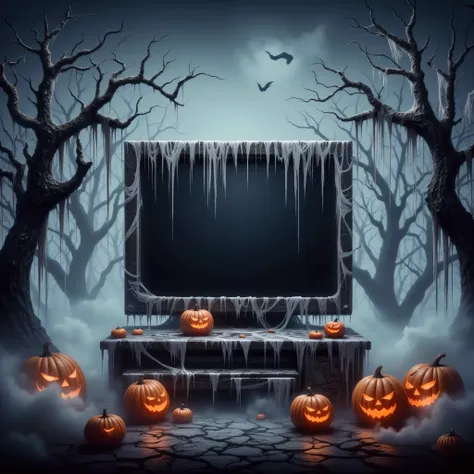 a digital artwork with a dark, eerie, and spooky halloween theme. it features a large, old-fashioned 3d computer monitor in the ...