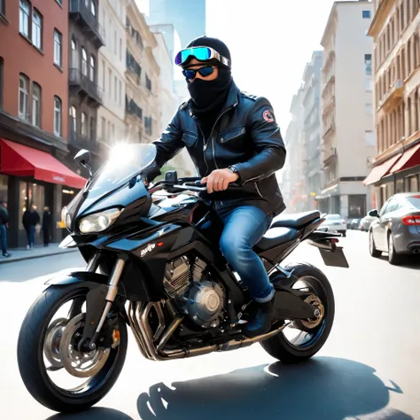 he dressed in black wears a goggle hat riding a huge motorcycle around the city