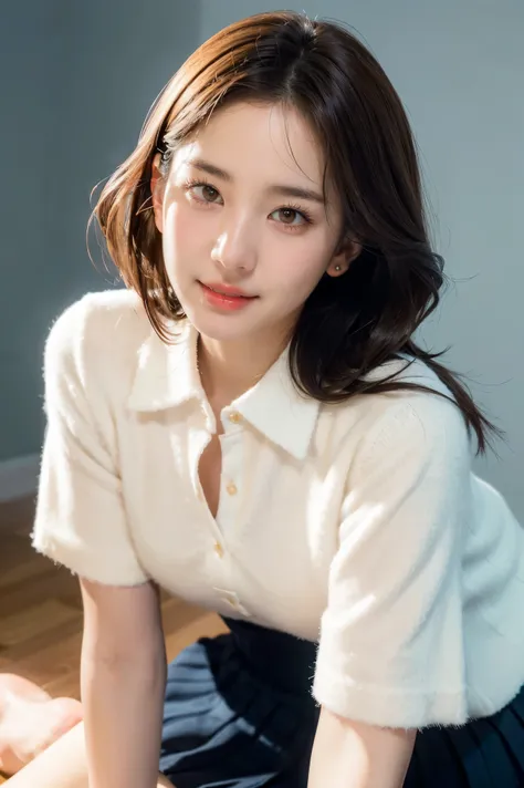 Beautiful Japan woman, nice perfect face with soft skin, small face with nose and rose-like lips, beautiful eyes, beautiful smile. Black, thin and long beautiful hair bathed in a bright etheric shine. Gradient highlight greige layer loose fluffy medium hai...