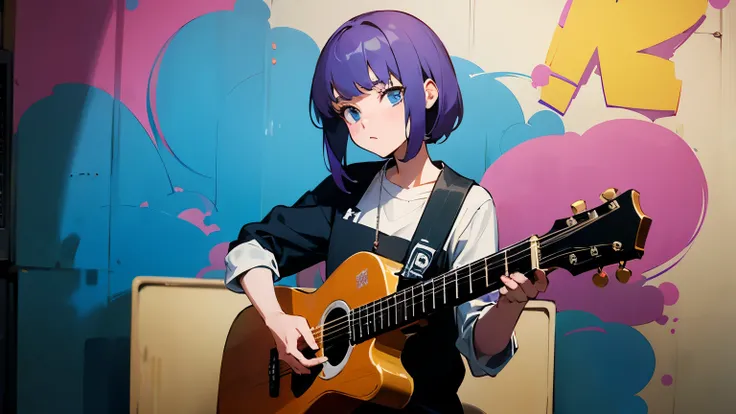 Portrait anime rock punk girl with guitar , DJ music in the bedroom. There is graffiti all over the city and in the rooms at night.