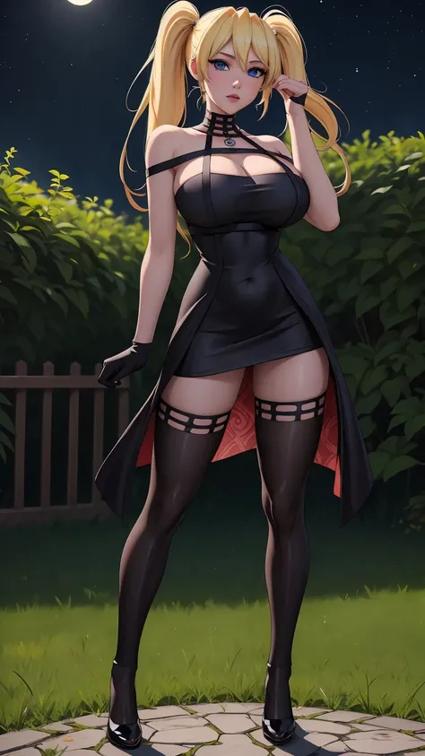 masterpiece, best quality, extremely detail 8k cg, high resolution, 1girl, narukouzumaki, twintails, wisker marks, blonde hair, blue eyes, perfect eyes, slim body, huge breasts, fakebreasts, standing, black dress, black thighhighs, black gloves, seductive ...