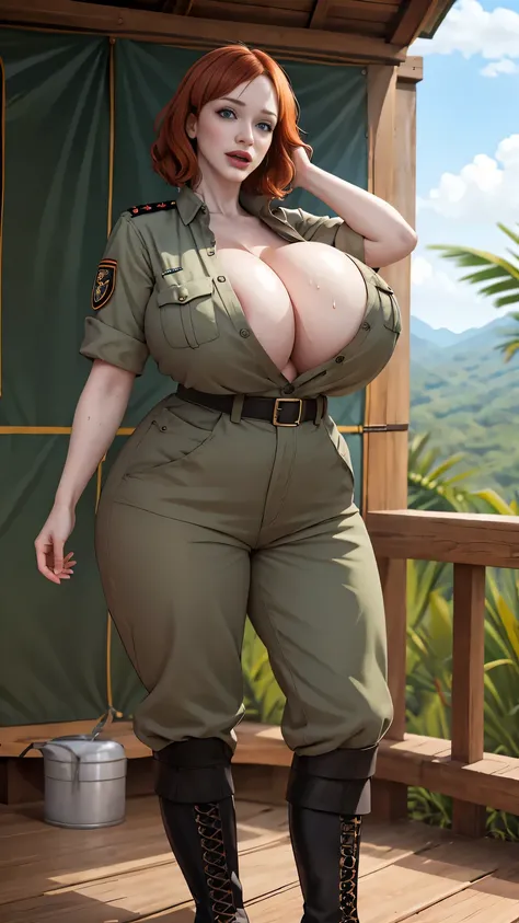 christina hendricks, masterpiece quality, realistic, daylight, wearing army fatigues, wearing combat boots, sweaty, on a militar...