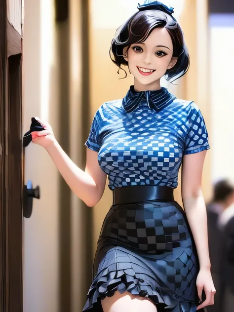 arafed woman in a black and white checkered top and skirt, an album cover by Ayami Kojima, instagram, renaissance, checkered motiffs, lolita style, ( ivory black ), jia, frilled blooming collar, fancy top, blue checkerboard dress, 5 0 s style, 50s style, n...