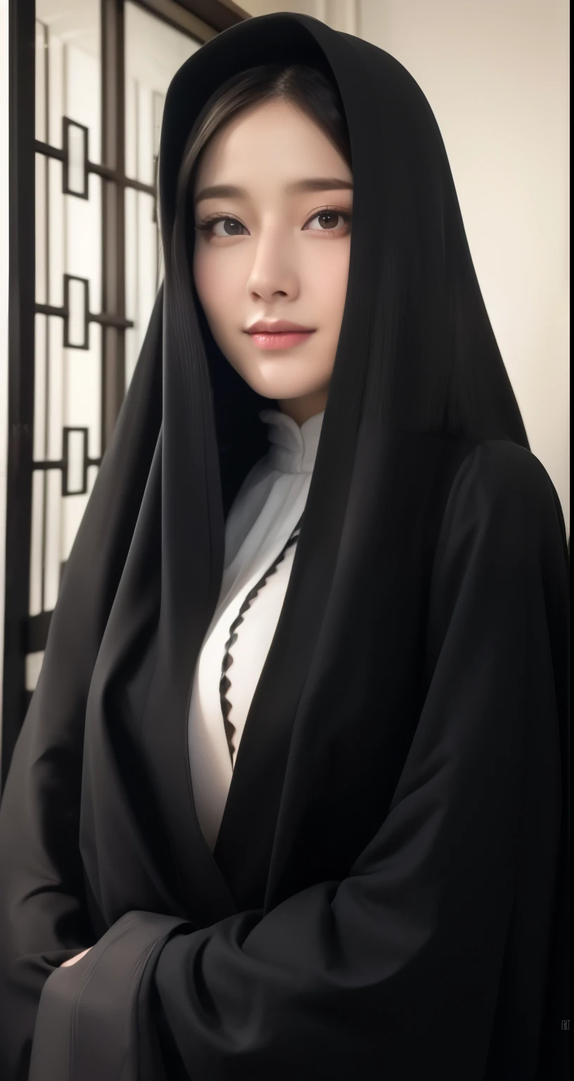 (best quality,4k,8k,highres,masterpiece:1.2),lips very smile:1.3, black hijab abaya, ultra-detailed,eyes detailed, face bright, ...