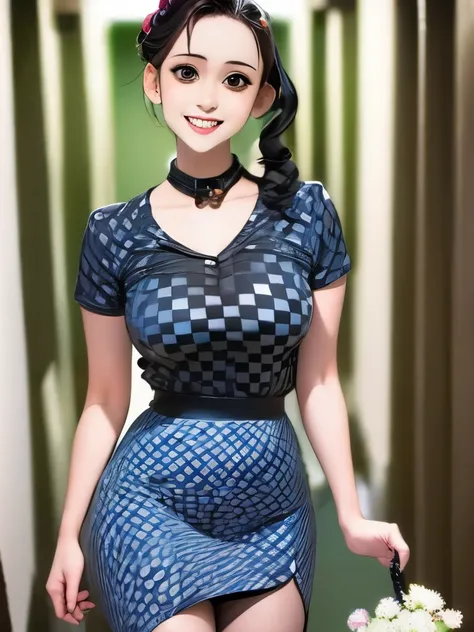 arafed woman in a black and white checkered top and skirt, an album cover by Ayami Kojima, instagram, renaissance, checkered motiffs, lolita style, ( ivory black ), jia, frilled blooming collar, fancy top, blue checkerboard dress, 5 0 s style, 50s style, n...