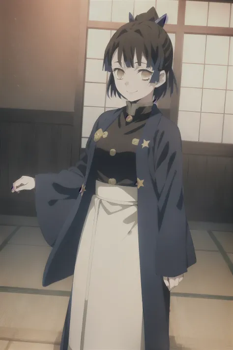 kimetsu no yaiba style, 1girl, star hair accesory, demon slayer uniform, solo, golden eyes, laid-back expression, short hair, smile, light brown hair, dark blue japanese coat with star patterns, indoors, daytime, standing up, anime coloring,  ((masterpiece...