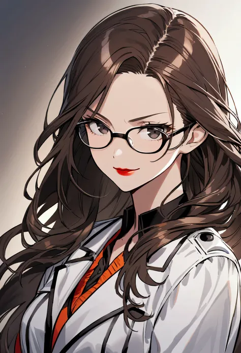  teenage girl , hair tidy, long hair, dark brown hair, black eyes, wearing glasses, Very detailed red lipstick on the lips, slender body, serious face, Happy smile, super stylish scientist clothing ,  very detailed and stylish white coat, 