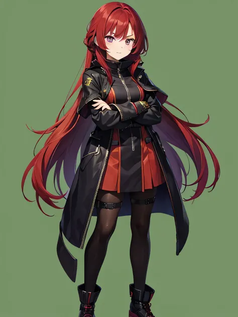 1 lady, scar on face, black coat, red hair, purple eye, long hair,chibi,staning, arms folded, full body, green background