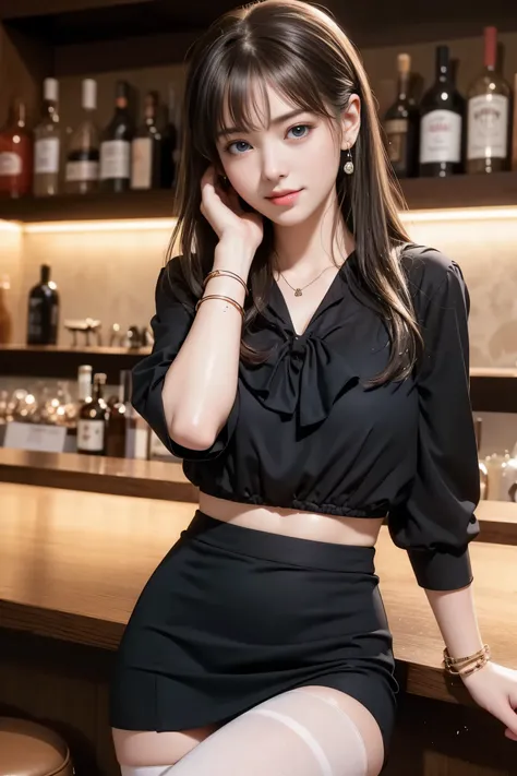 ((Beautiful woman sitting at the bar counter))、Beauty、One person女、One person、Long Hair、（Office Lady)、Viewer、Smile、(Big Blue Eyes)、Hair Accessories、gem、(Light brown hair)、mouthをclose、bangs、bracelet、lips、Gray、Portrait、Red nails、close、赤いlips、Put your hands on your face。Put your hands on your face、Place your hand on your cheek、Long Hair、Viewer、smile、（after the rain）mouth、bangs、bracelet、lips、Gray Eyes、Portrait、Red nails、close、赤いlips、Put your hands on your face、Place your hand on your cheek、(Shiny skin)、(Full body angle)、((White blouse、(Black tight mini skirt)),（Black high heels), (Pantyhose)、（Girl sitting with legs crossed)、(She&#39;s wet)、(Long legs)、