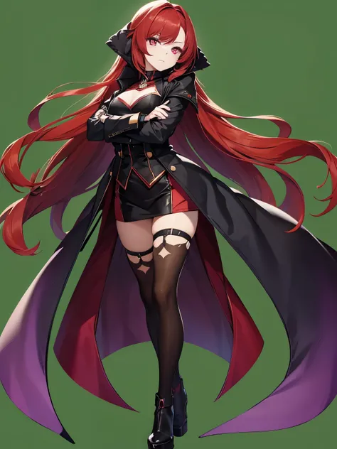 1lady, scar on face, black coat, red hair, purple eye, long hair,chibi,staning, arms folded, full body, green background