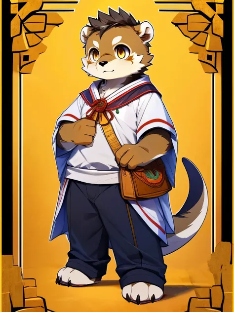 nj5furry，kemono，full-length portrait，anthro，hi res，male，Otter，merchant， fluffy hair ，White robe，Gold Texture，trousers，cloak， white plush paws，Golden pupils， Meticulous Eyes ， detailed eyes 