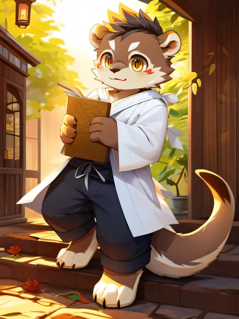 nj5furry，kemono，full-length portrait，anthro，hi res，male，Otter，merchant， fluffy hair ，White robe，Gold Texture，trousers，cloak， white plush paws，Golden pupils， Meticulous Eyes ， detailed eyes 