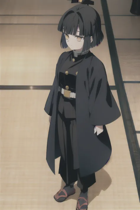 kimetsu no yaiba style, 1girl, star hair accesory, demon slayer uniform, black pants, relaxed eyes, golden eyes, light brown bob, dark blue japanese coat with star shapes, indoors, daytime, standing up, anime coloring,  ((masterpiece)) 