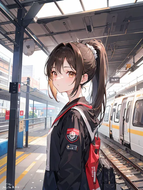  look up with the naked eye ,  station platform,162cm,18 years old, ponytail brown hair waiting for the train,  Brown Eyes  , beautiful girls ,whole body, anatomically correct  , Attention to Details,Super detailed,  super high definition , textured skin,m...