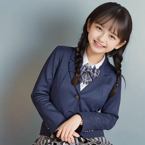 (Highest quality, masterpiece:1.2), Highest quality, High resolution, 1080P, 8k, (A noble, graceful and 13yo Japanese young long hair lady who have a best proportion are seated giggling at me with extreme beatitude, laughing and posing like a fashion model...