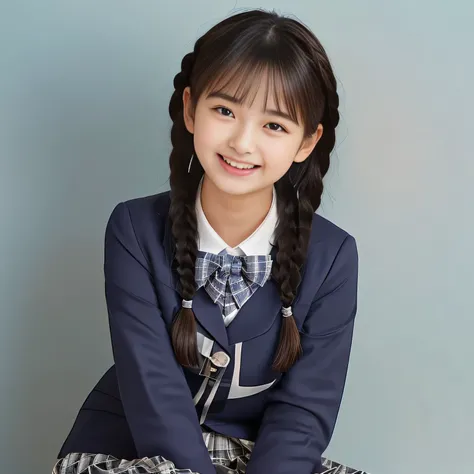 (Highest quality, masterpiece:1.2), Highest quality, High resolution, 1080P, 8k, (A noble, graceful and 13yo Japanese young long hair lady who have a best proportion are seated giggling at me with extreme beatitude, laughing and posing like a fashion model...
