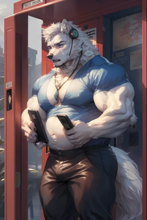 (By Empty Ghost, From thebigslick, By Dark Gem, Will chase), High-quality photos, Perfect anatomical structure, (wolf print), bara wolf, wolf, 30, (white fur:1.3), (massive pectoral muscles), strong physique, chubby,  perfect anatomy, masterpiece, giant bi...