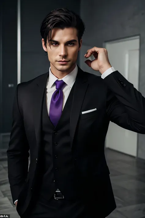 Hot white man nothing exaggerated short black hair 1,80 tall wearing a black suit and vest and dark purple tie