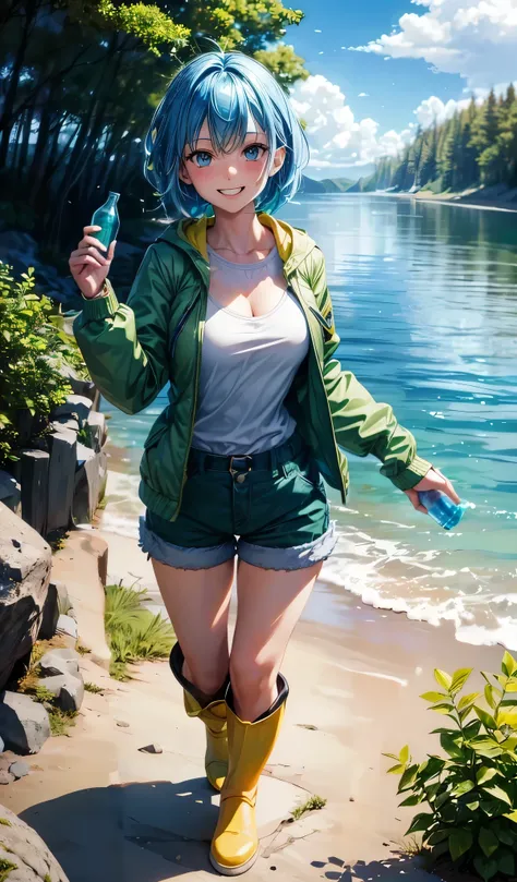 1girl, full body, solo, trees, sun, clouds, summer, water, lake, ((blue hair)), short hair, large breasts, ((opened green jacket)), blue eyes, shorts, rubber boots, grin, happy, ((enthusiastic)), looking at the viewer, ((brown bottles in hand))