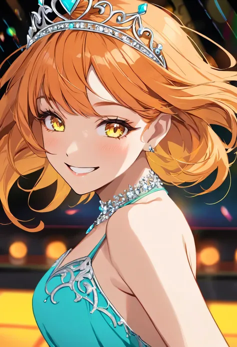 Cool adult woman、Short orange hair and yellow eyes、 turquoise dress with silver tiara、Neon Background、Fearless Smile、( face close-up )、Dance Floor