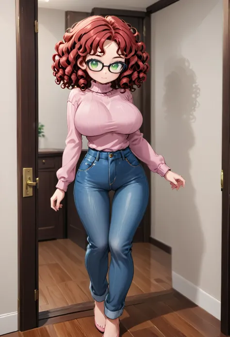 Young girl, young, full body, (solo 0.6), red curly hair, shoulder length hair, green eyes, slender body, thin waist, big breasts, indoors, black glasses, pink turtleneck sweater, denim jeans, opening door