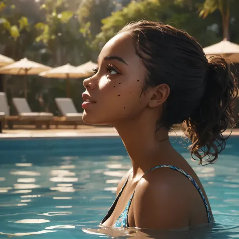 Ultra-realistic, ultra-detailed, photo-accurate, humorous, fun, cinematic lighting, poolside, one girl, Upper body, profile, alluring black woman with many moles on face and whole body, cleavage, black bikini swimsuit.