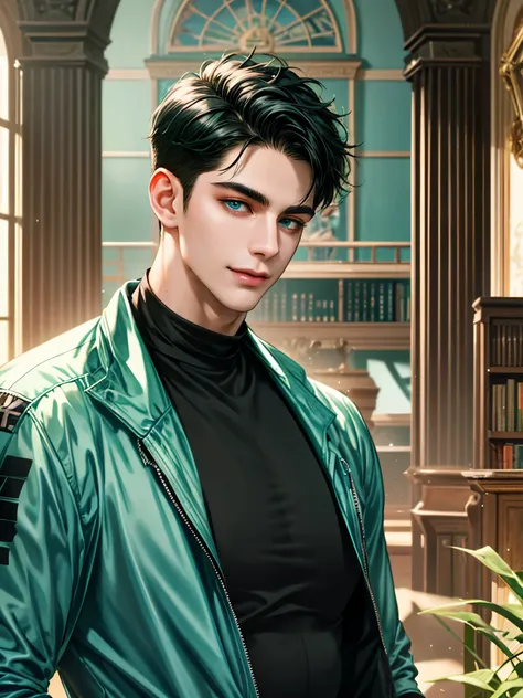 handsome young man, In autumn evening mood , Black Hair Short Hair, blue eyes, ombros largos,  masterpiece, Absurd, beautiful and detailed face, gentle smile,  looking at the viewer, with a dark green Adidas long sleeve jersey jacket. In a library

