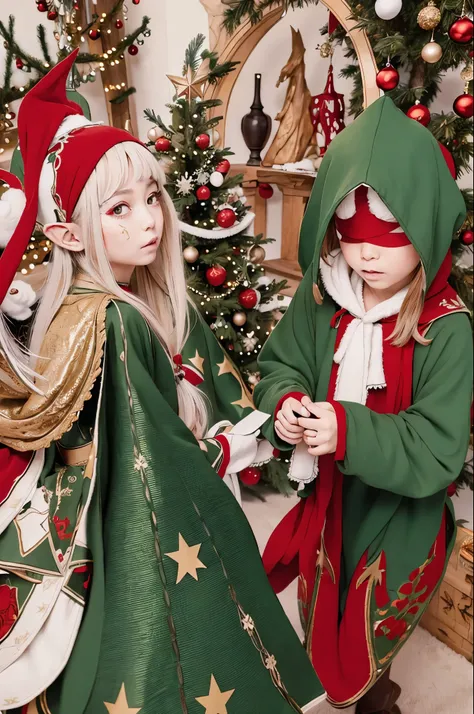  best quality , masterpiece, photo, 4K, photorealistic,  very detailed,
2 little elves playing cards with their eyes blindfolded ,  A huge Christmas tree in the background
Pointed ears, Hood, Aside, 